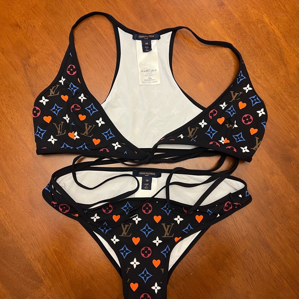 LOUIS VUITTON black and colored monogram swimsuit bikini racer back and bottom.